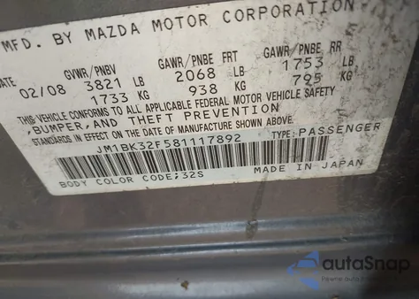 2008 Mazda Mazda3 z USA, uszkodzony, nr VIN JM18K32F581117892